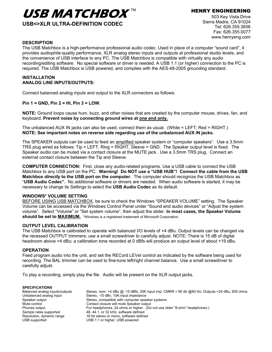 Henry Engineering USB MATCHBOX User Manual | 2 pages
