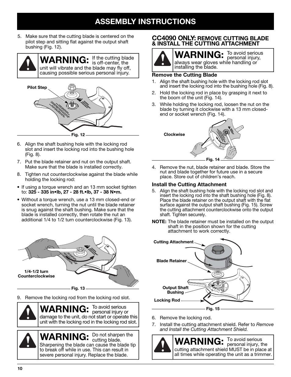 Warning, Assembly instructions, Cc4090 only | Cub Cadet CC4075 User Manual | Page 10 / 88