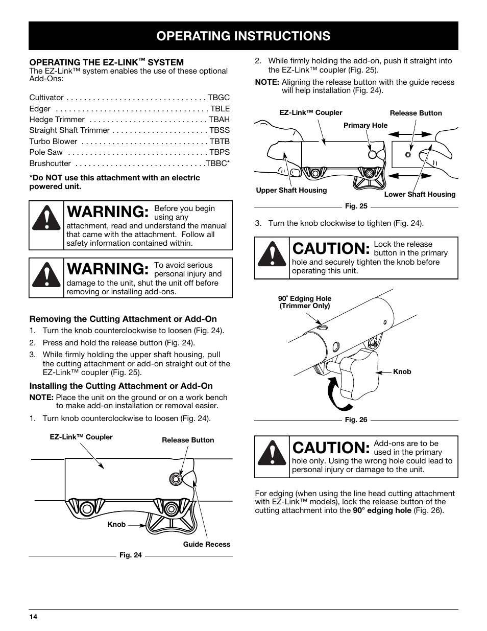 Warning, Caution, Operating instructions | Cub Cadet CC4075 User Manual | Page 14 / 88