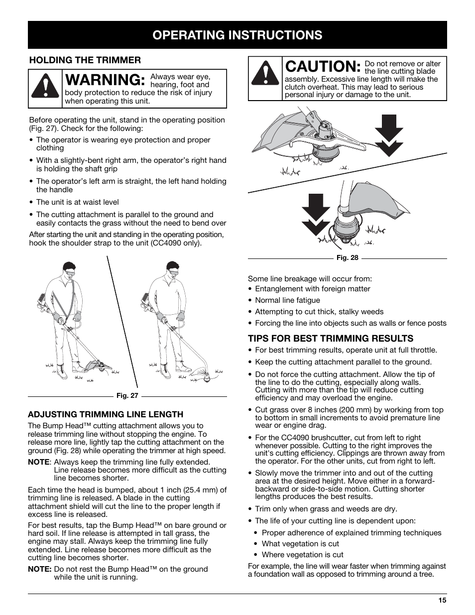 Caution, Warning, Operating instructions | Cub Cadet CC4075 User Manual | Page 15 / 88