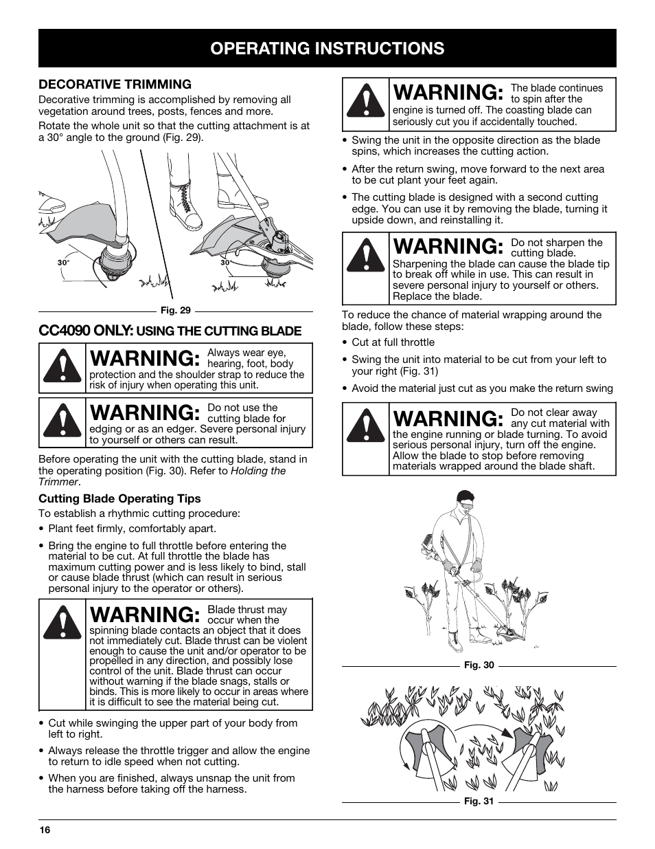Warning, Operating instructions, Cc4090 only | Cub Cadet CC4075 User Manual | Page 16 / 88