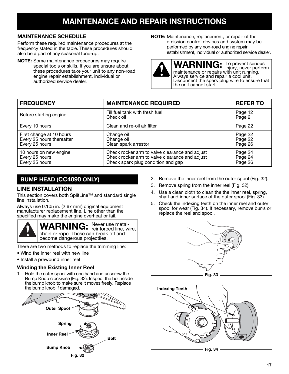 Warning, Maintenance and repair instructions, Cc4090 | Cub Cadet CC4075 User Manual | Page 17 / 88