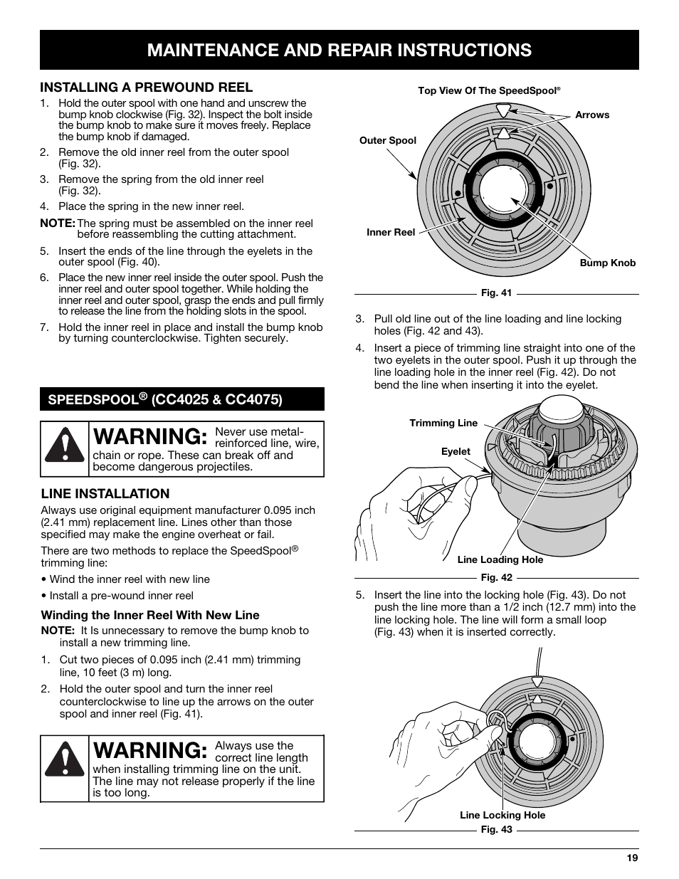 Warning, Maintenance and repair instructions, Cc4025 | Cc4075 | Cub Cadet CC4075 User Manual | Page 19 / 88