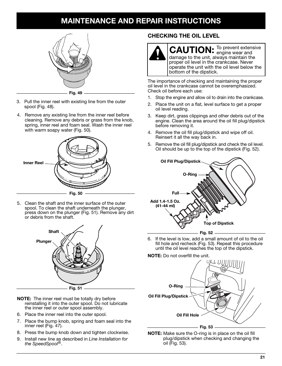 Caution, Maintenance and repair instructions | Cub Cadet CC4075 User Manual | Page 21 / 88