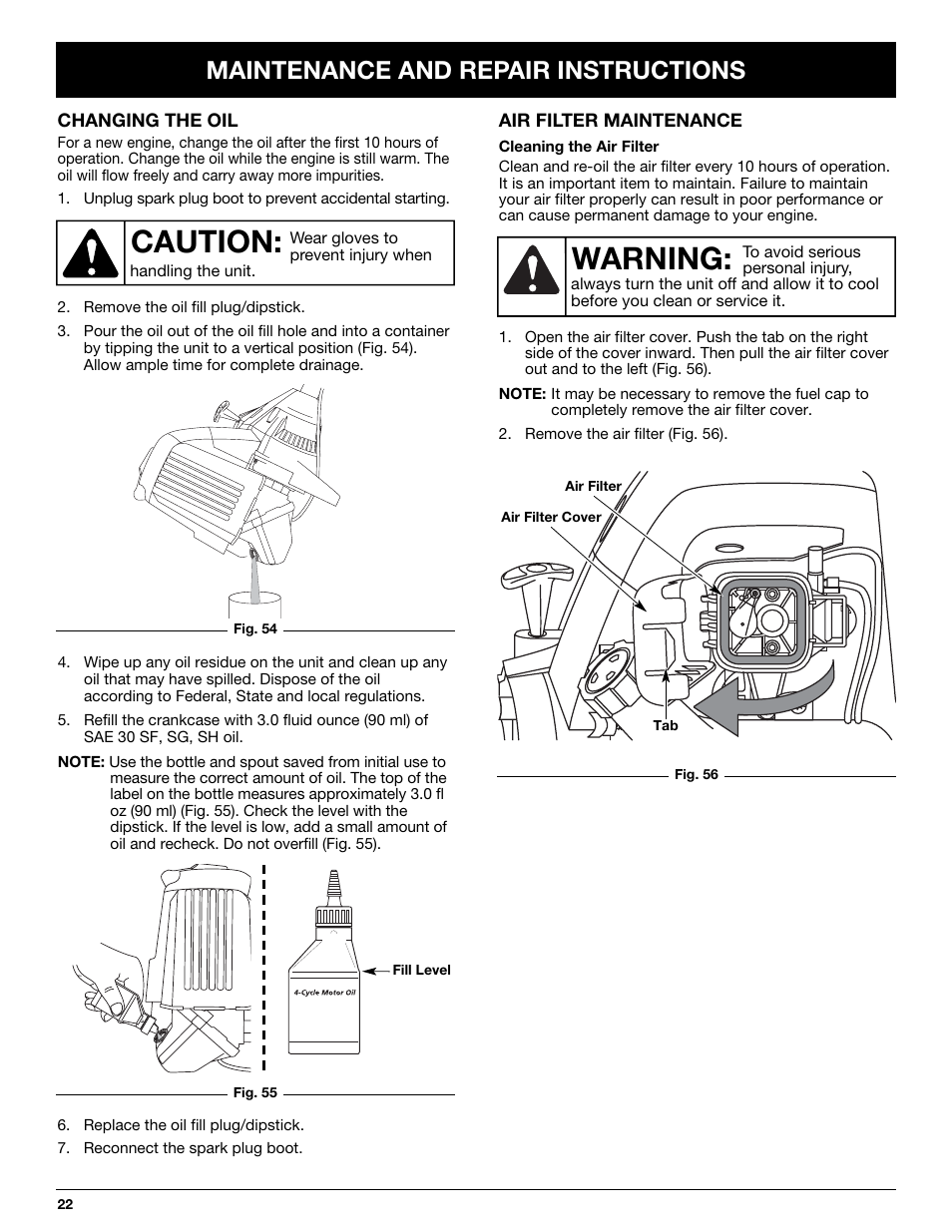 Caution, Warning, Maintenance and repair instructions | Cub Cadet CC4075 User Manual | Page 22 / 88