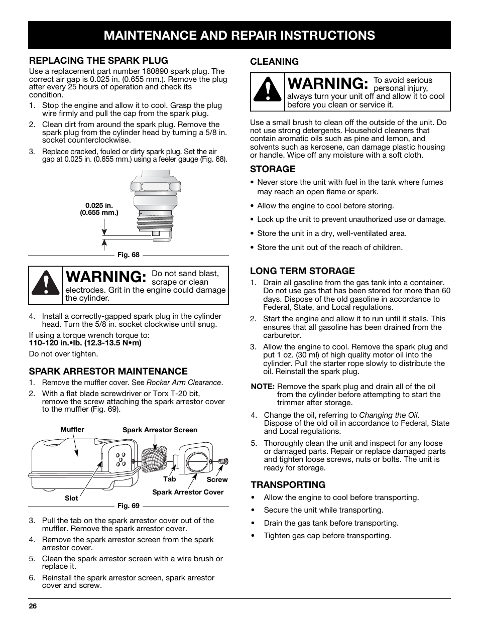 Warning, Maintenance and repair instructions | Cub Cadet CC4075 User Manual | Page 26 / 88