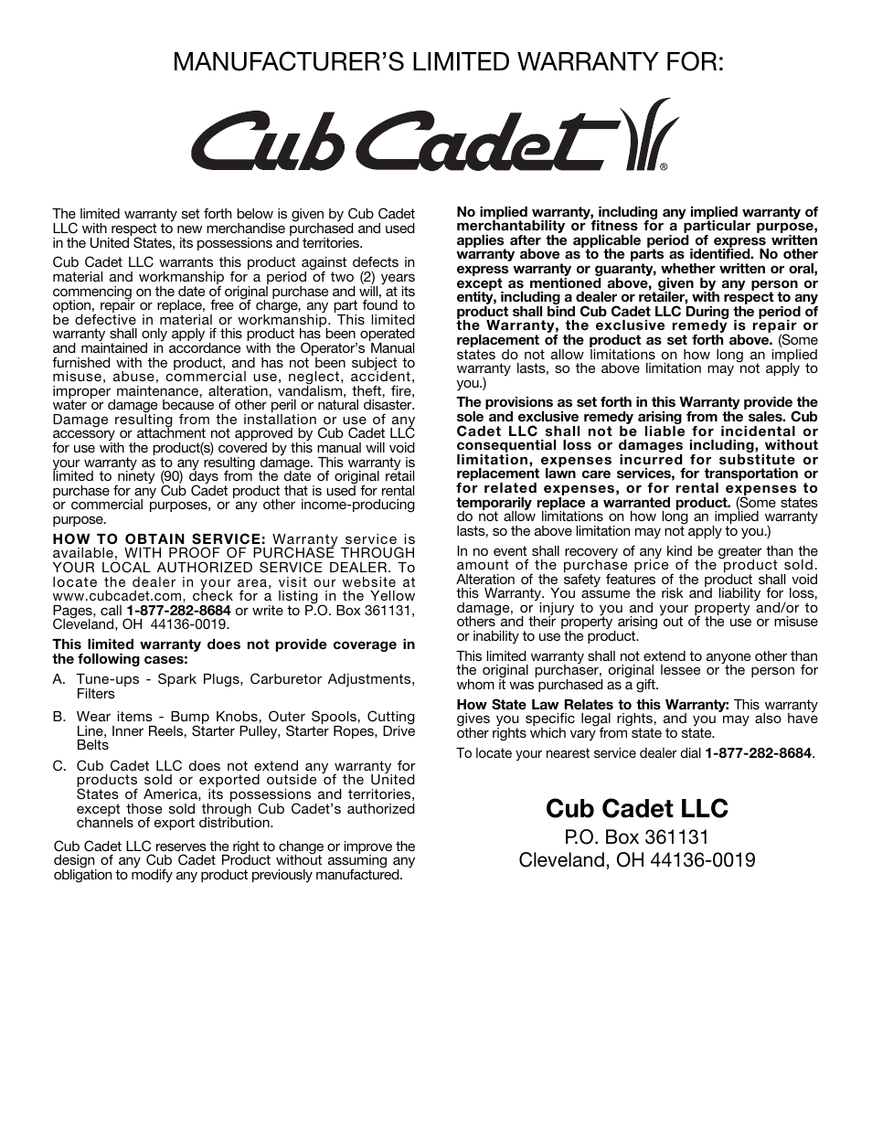 Manufacturer’s limited warranty for, Cub cadet llc | Cub Cadet CC4075 User Manual | Page 30 / 88