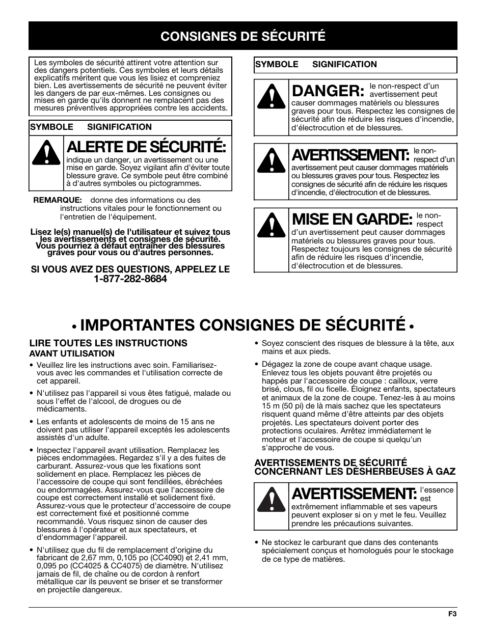 Avertissement, Danger, Mise en garde | Alerte de sécurité, Importantes consignes de sécurité, Consignes de sécurité | Cub Cadet CC4075 User Manual | Page 33 / 88