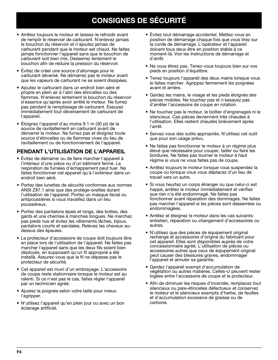 Consignes de sécurité | Cub Cadet CC4075 User Manual | Page 34 / 88