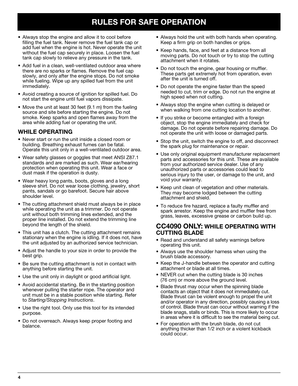 Rules for safe operation, Cc4090 only | Cub Cadet CC4075 User Manual | Page 4 / 88
