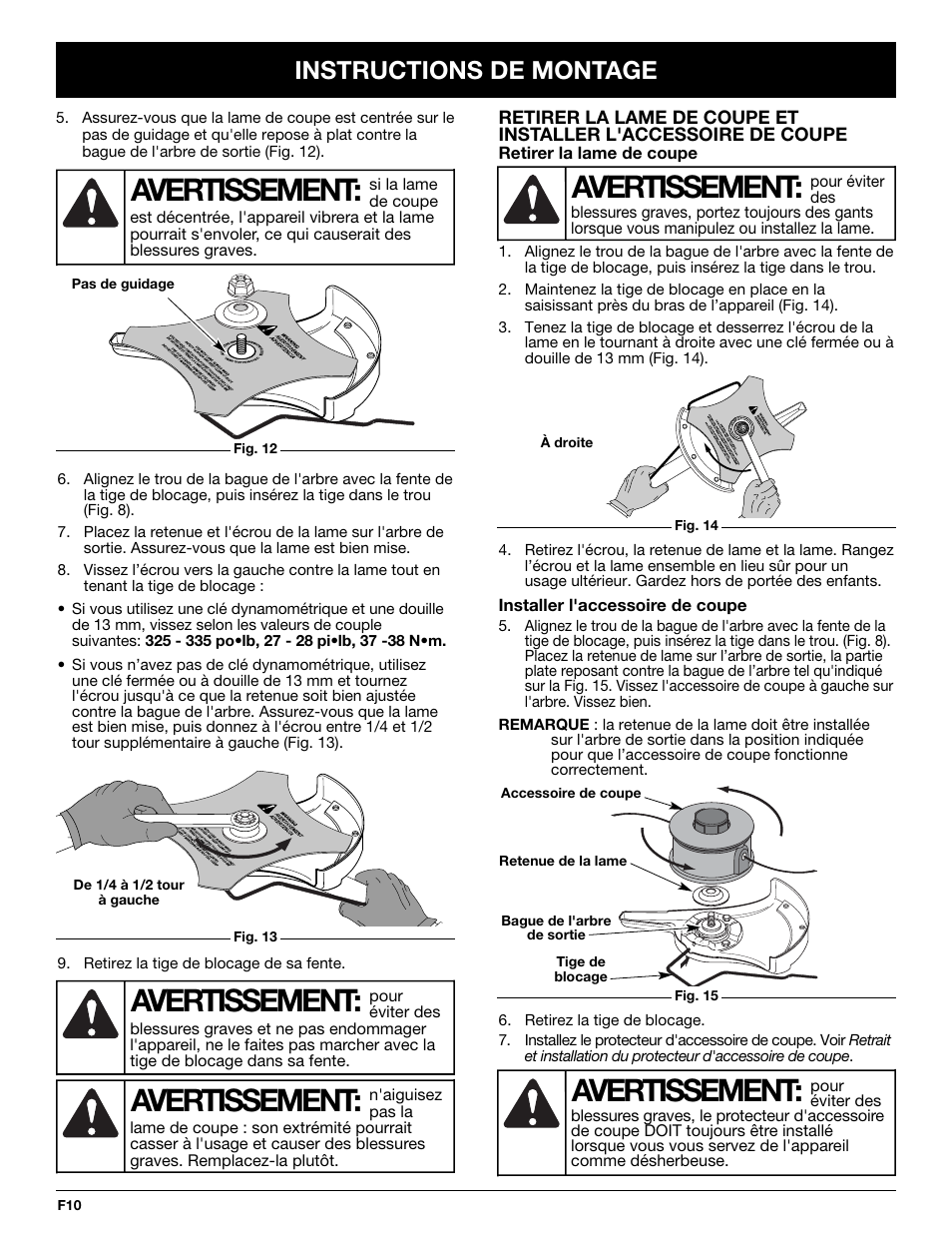 Avertissement, Instructions de montage | Cub Cadet CC4075 User Manual | Page 40 / 88