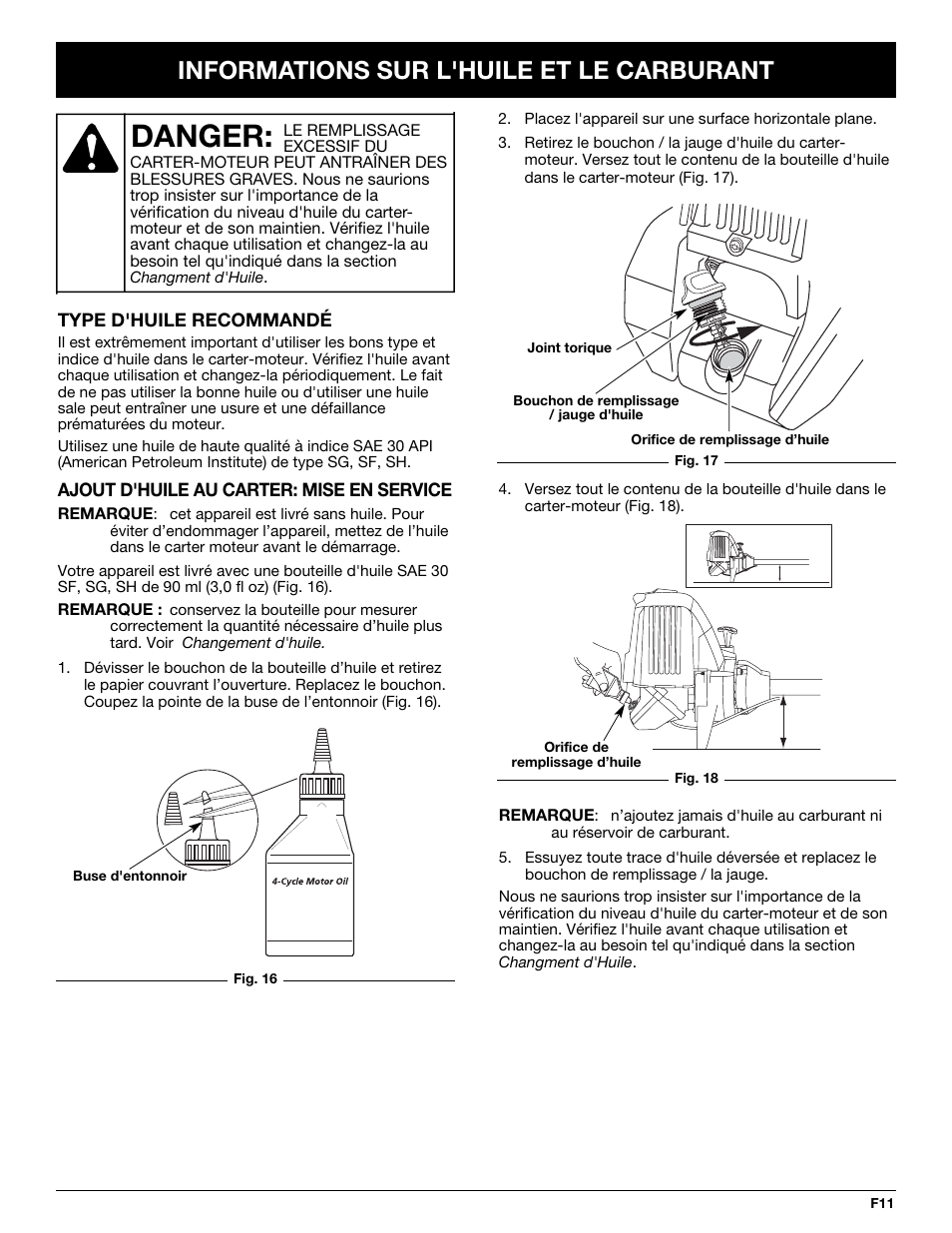 Danger, Informations sur l'huile et le carburant | Cub Cadet CC4075 User Manual | Page 41 / 88