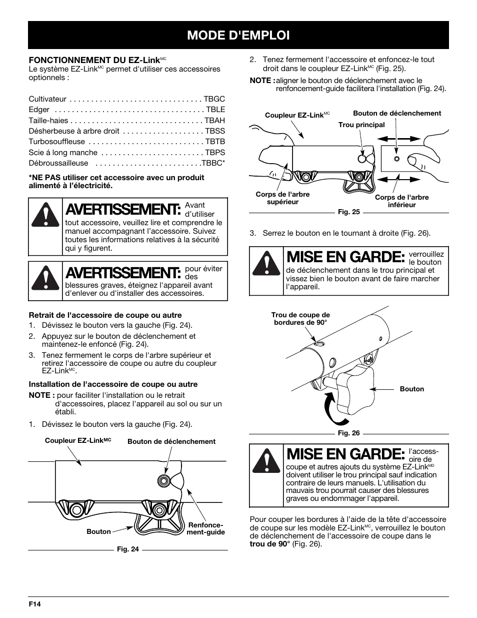 Mise en garde, Avertissement, Mode d'emploi | Cub Cadet CC4075 User Manual | Page 44 / 88