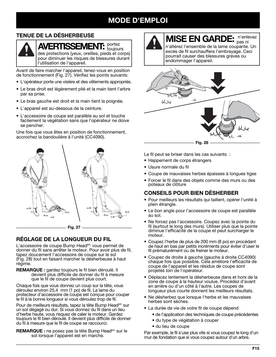 Avertissement, Mise en garde, Mode d'emploi | Cub Cadet CC4075 User Manual | Page 45 / 88