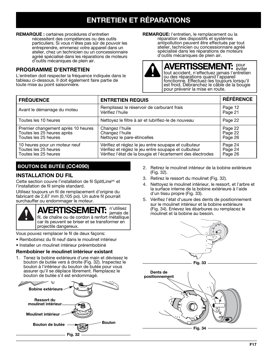 Avertissement, Entretien et réparations | Cub Cadet CC4075 User Manual | Page 47 / 88