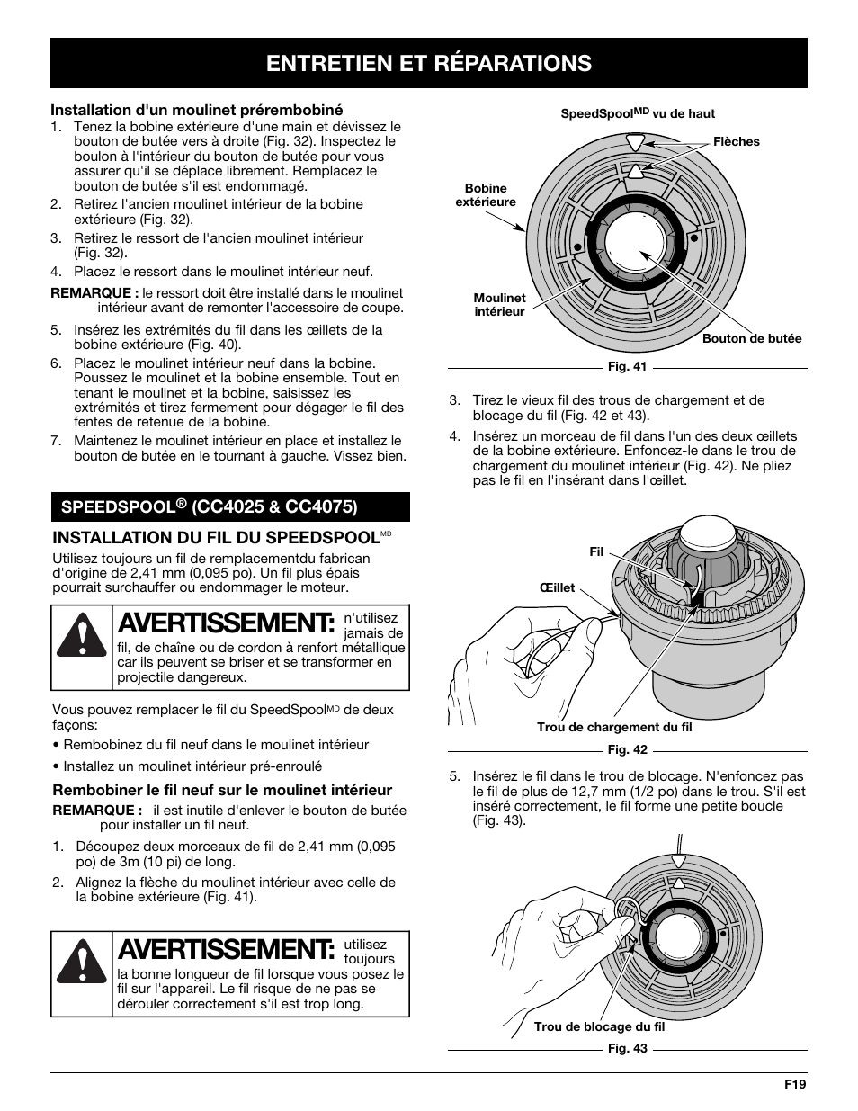 Avertissement, Entretien et réparations, Cc4025 | Cc4075 | Cub Cadet CC4075 User Manual | Page 49 / 88