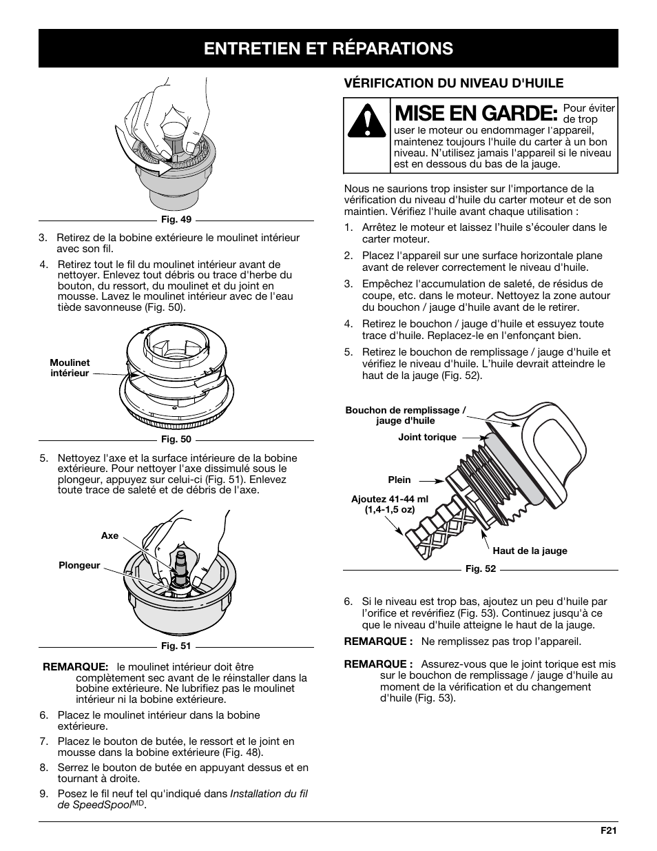 Mise en garde, Entretien et réparations | Cub Cadet CC4075 User Manual | Page 51 / 88