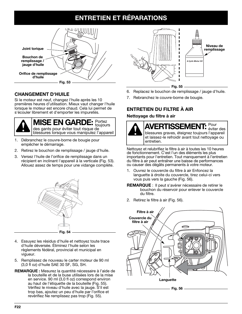 Mise en garde, Avertissement, Entretien et réparations | Cub Cadet CC4075 User Manual | Page 52 / 88