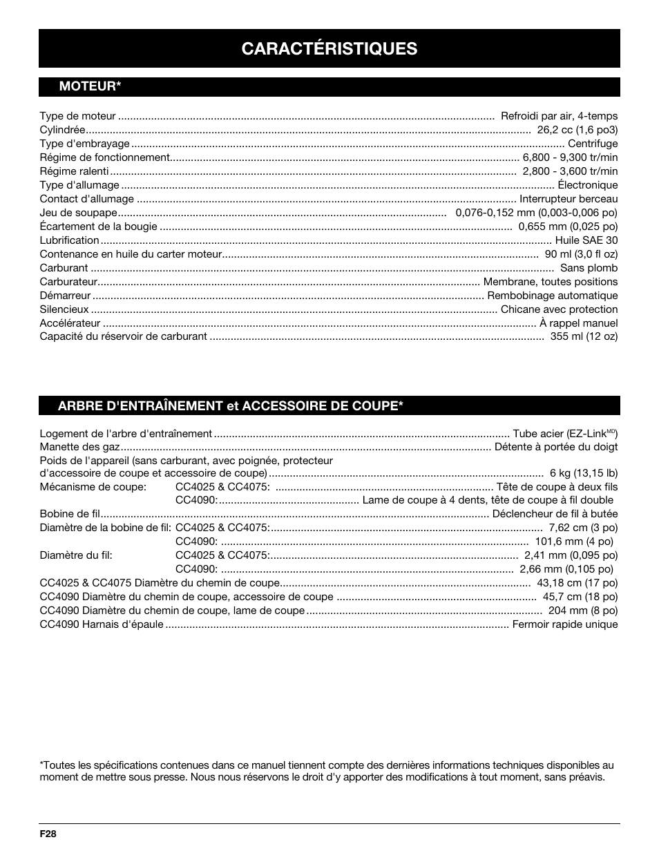 Caractéristiques | Cub Cadet CC4075 User Manual | Page 58 / 88