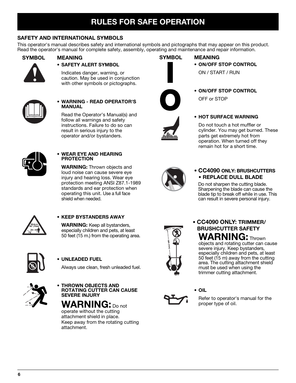 Warning, Rules for safe operation | Cub Cadet CC4075 User Manual | Page 6 / 88