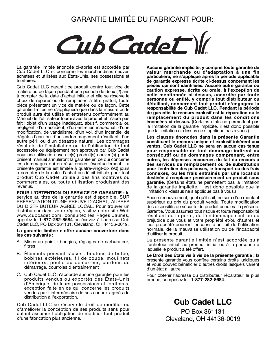 Cub cadet llc, Garantie limitée du fabricant pour | Cub Cadet CC4075 User Manual | Page 60 / 88