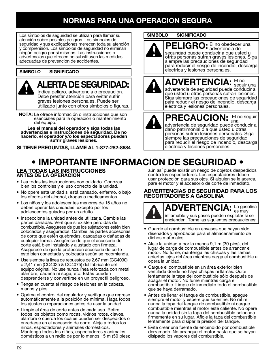 Advertencia, Peligro, Precaucion | Alerta de seguridad, Importante informacion de seguridad, Normas para una operacion segura | Cub Cadet CC4075 User Manual | Page 62 / 88