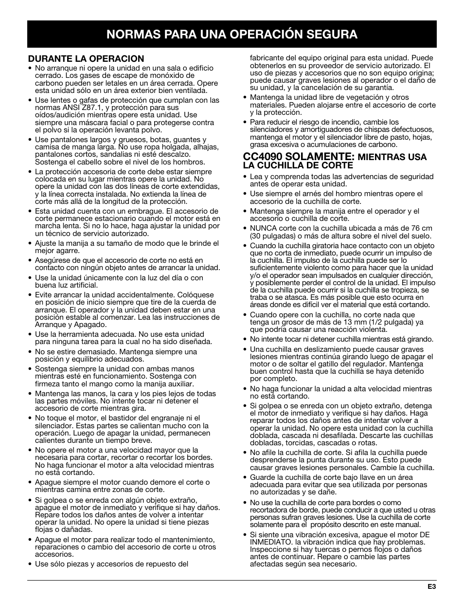 Normas para una operación segura, Cc4090 solamente | Cub Cadet CC4075 User Manual | Page 63 / 88