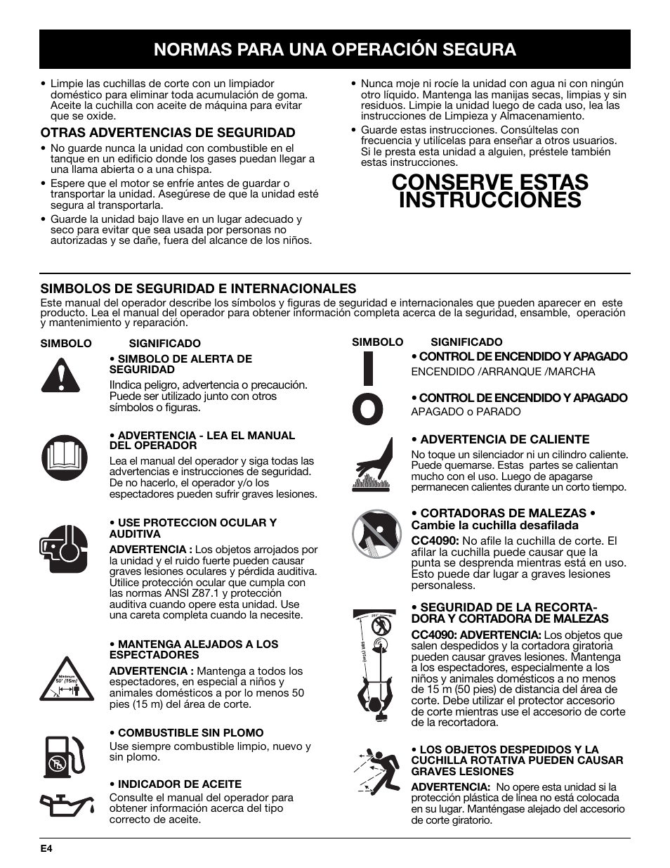 Conserve estas instrucciones, Normas para una operación segura | Cub Cadet CC4075 User Manual | Page 64 / 88