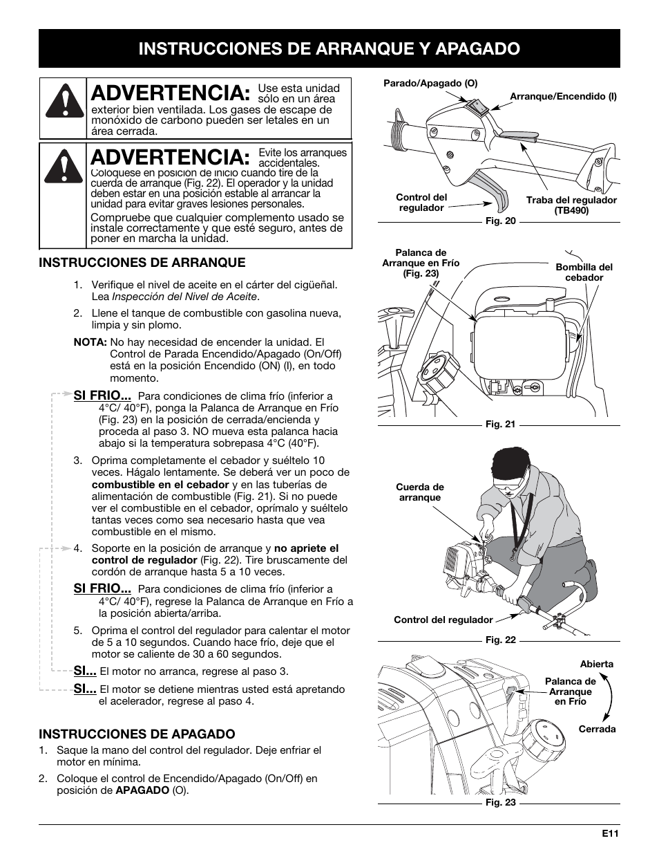 Advertencia, Instrucciones de arranque y apagado | Cub Cadet CC4075 User Manual | Page 71 / 88