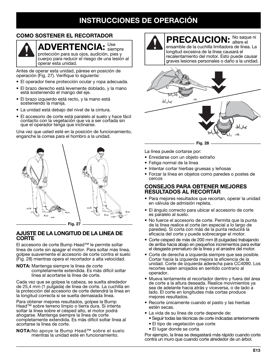 Precaucion, Advertencia, Instrucciones de operación | Cub Cadet CC4075 User Manual | Page 73 / 88