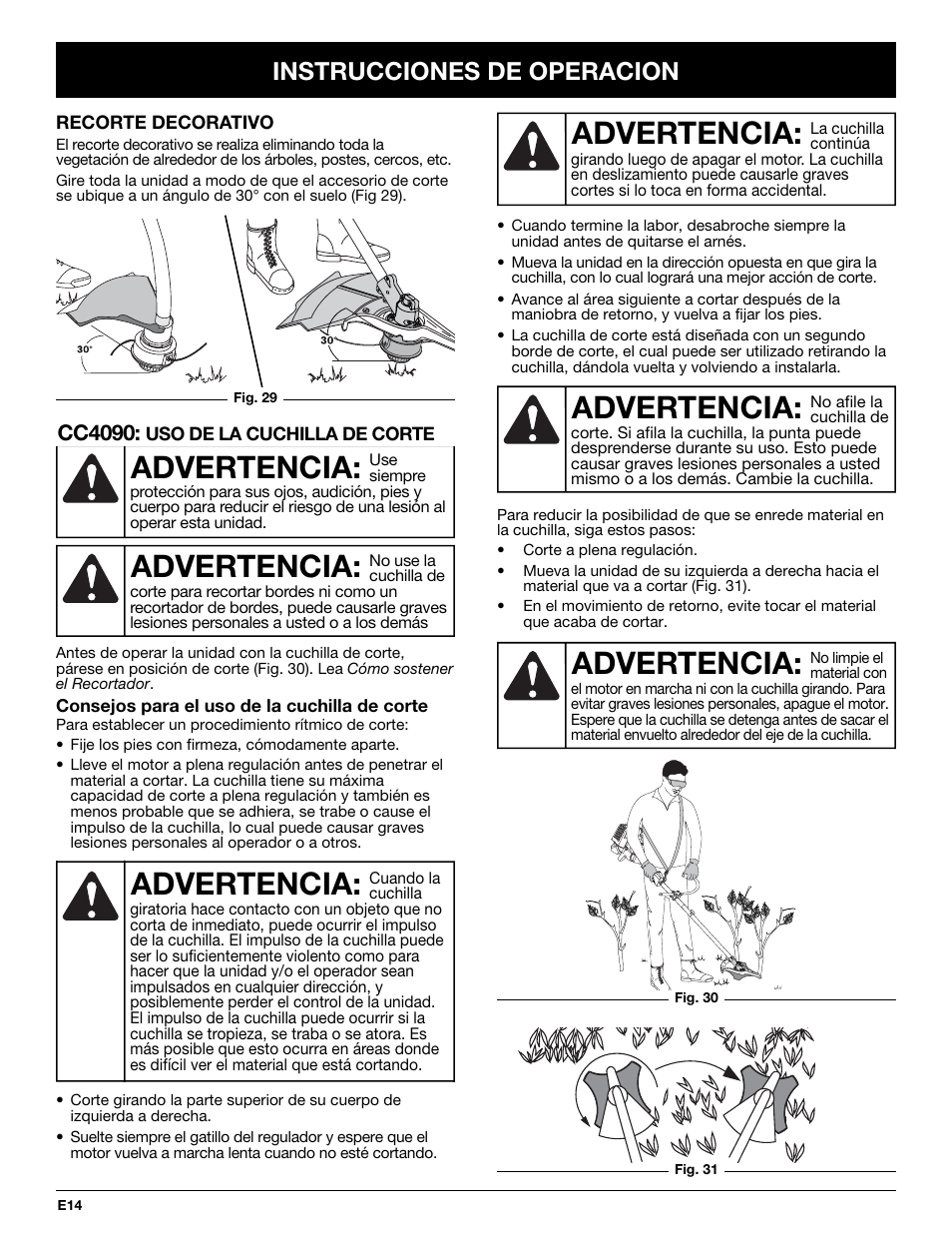 Advertencia, Instrucciones de operacion | Cub Cadet CC4075 User Manual | Page 74 / 88
