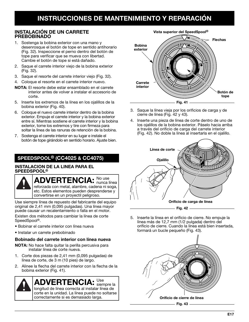 Advertencia, Instrucciones de mantenimiento y reparación, Cc4025 | Cc4075 | Cub Cadet CC4075 User Manual | Page 77 / 88