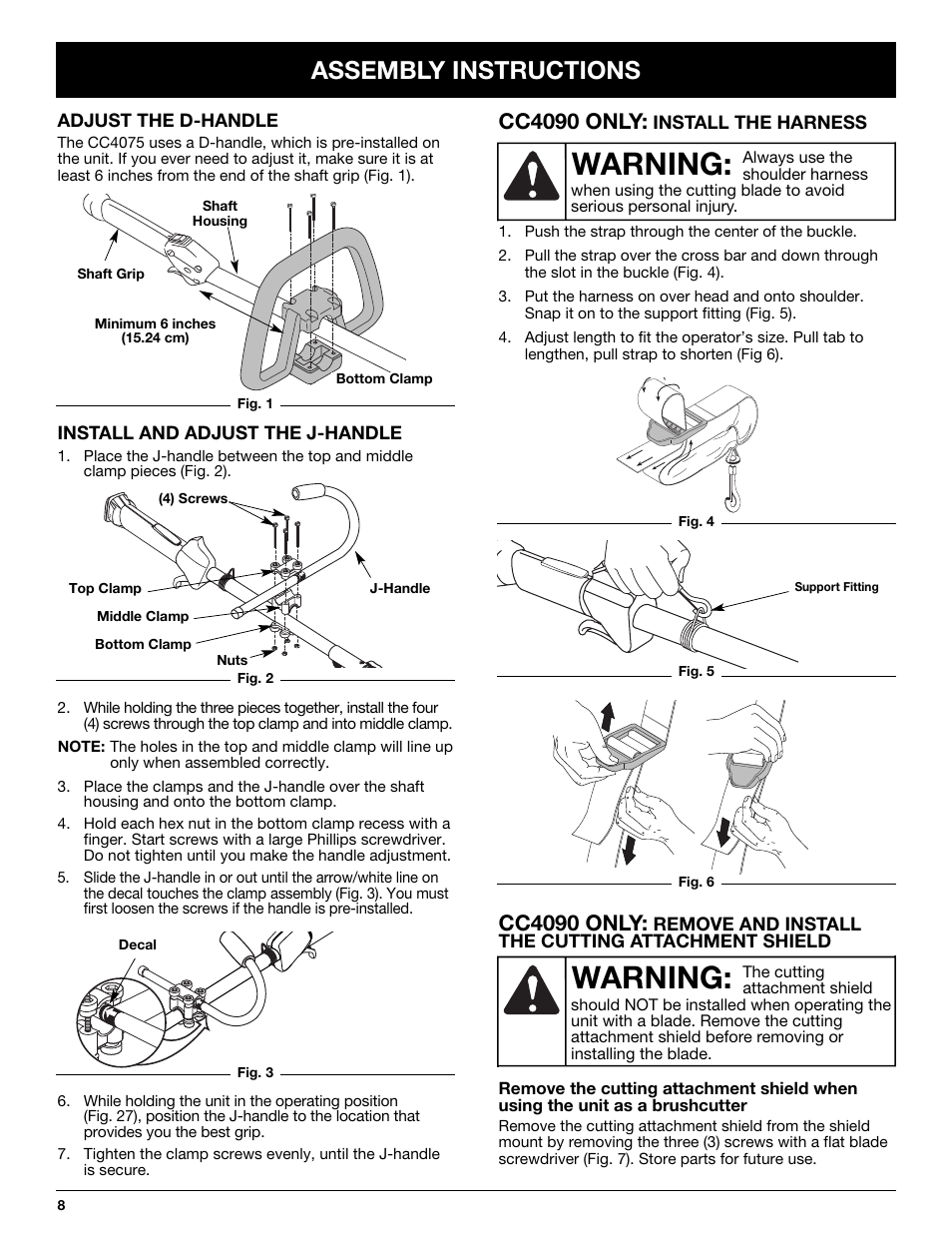 Warning, Assembly instructions, Cc4090 only | Cub Cadet CC4075 User Manual | Page 8 / 88