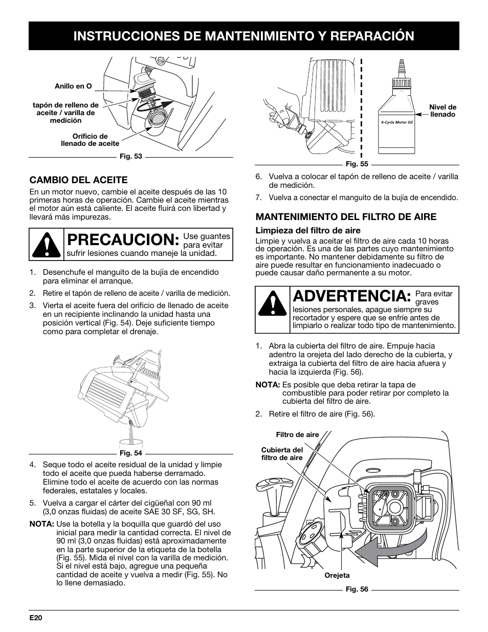 Precaucion, Advertencia, Instrucciones de mantenimiento y reparación | Cub Cadet CC4075 User Manual | Page 80 / 88
