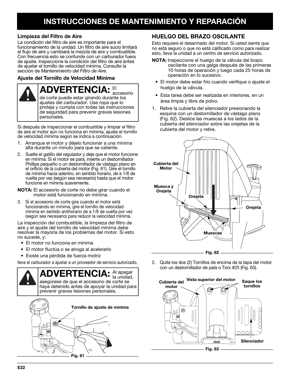 Advertencia, Instrucciones de mantenimiento y reparación | Cub Cadet CC4075 User Manual | Page 82 / 88
