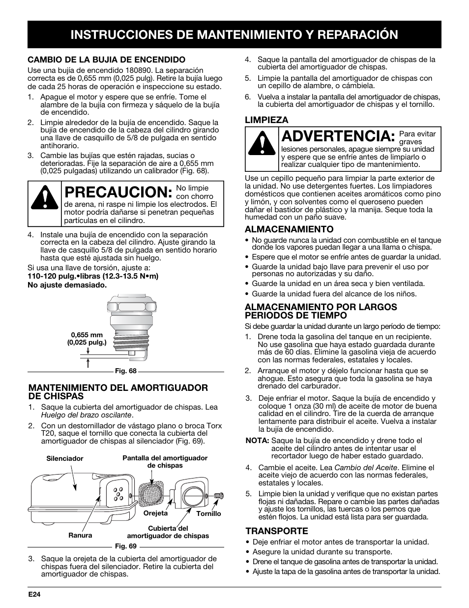 Advertencia, Precaucion, Instrucciones de mantenimiento y reparación | Cub Cadet CC4075 User Manual | Page 84 / 88