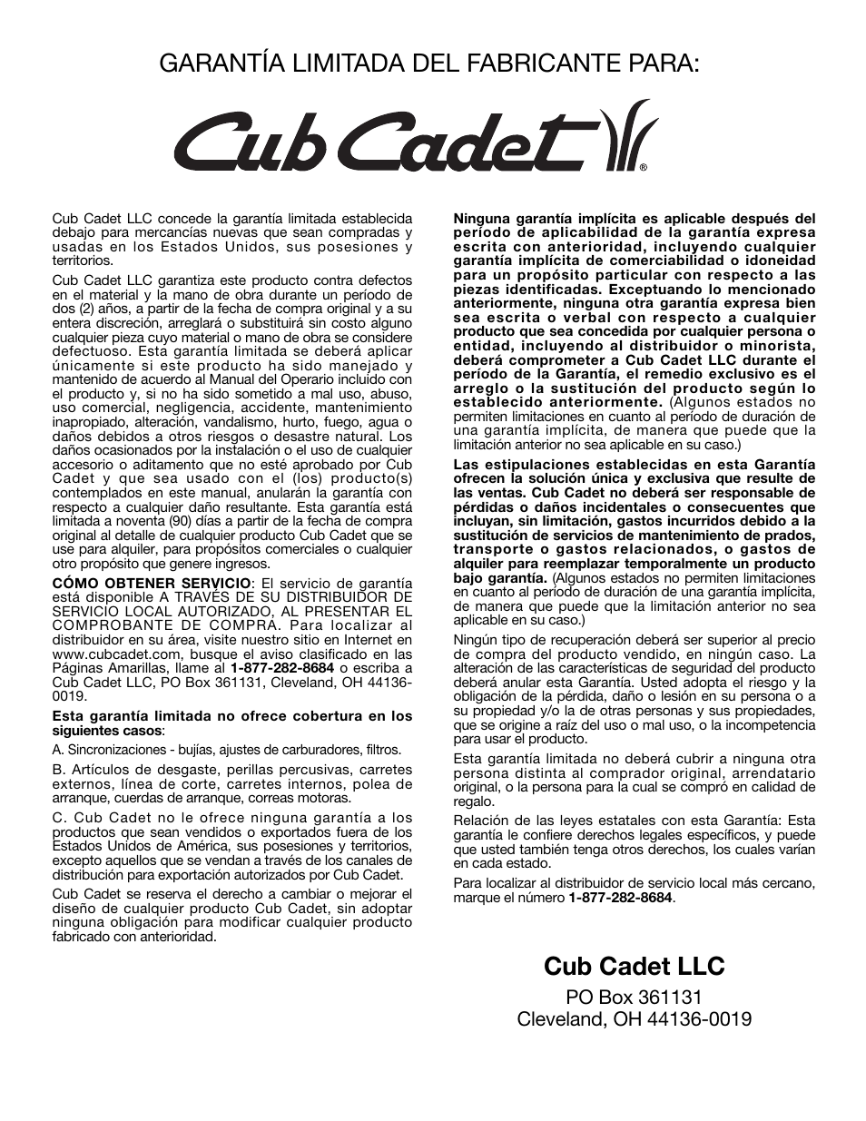 Garantía limitada del fabricante para, Cub cadet llc | Cub Cadet CC4075 User Manual | Page 88 / 88