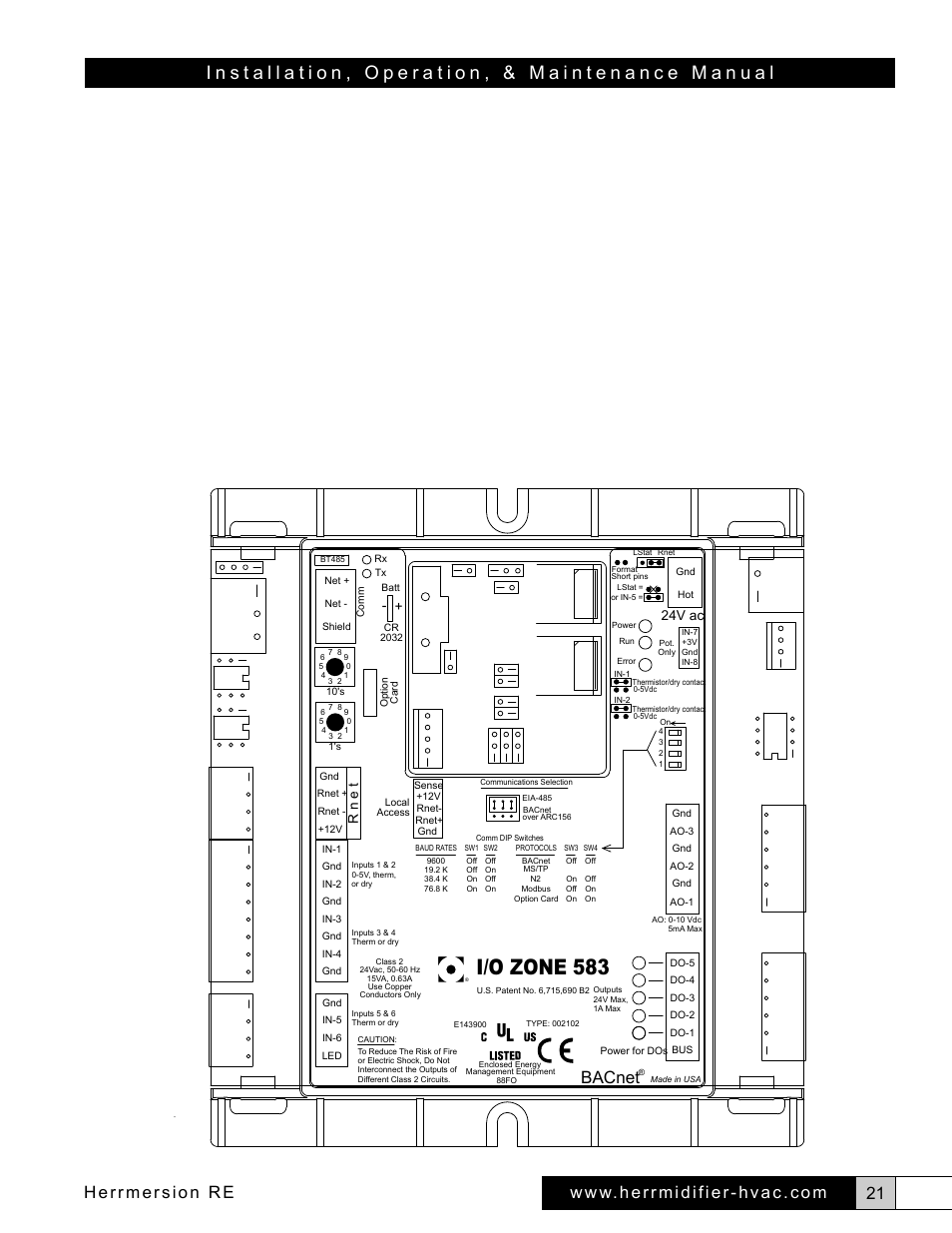 I/o zone 583, Herrmersion re, Bacnet | 24v ac, R n e t | Herrmidifier Herrmersion RE User Manual | Page 21 / 24