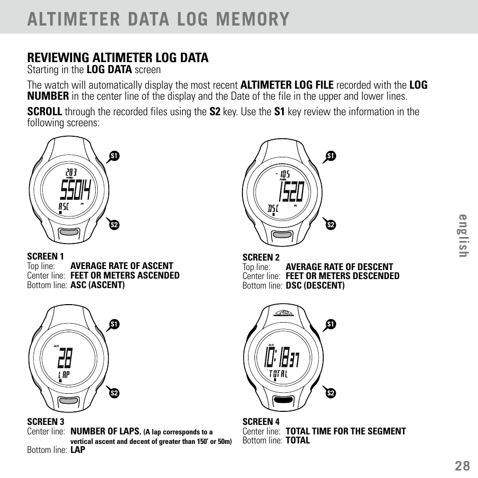 28 english, Reviewing altimeter log data | Highgear Aerial User Manual | Page 29 / 40
