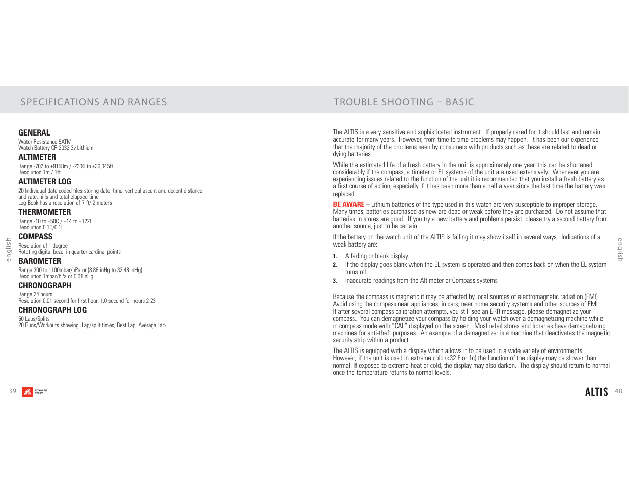 Specifications and ranges trouble shooting  basic | Highgear Altis User Manual | Page 21 / 23