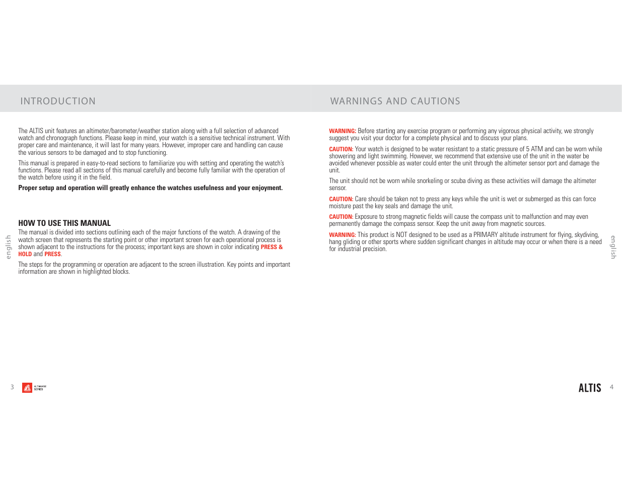 Introduc tion warnings and cautions | Highgear Altis User Manual | Page 3 / 23