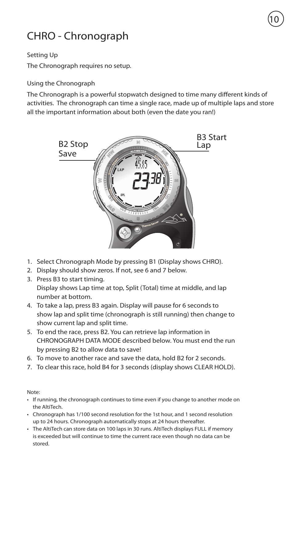 Chro - chronograph, B3 start lap b2 stop save | Highgear AltiTech 1 User Manual | Page 11 / 13