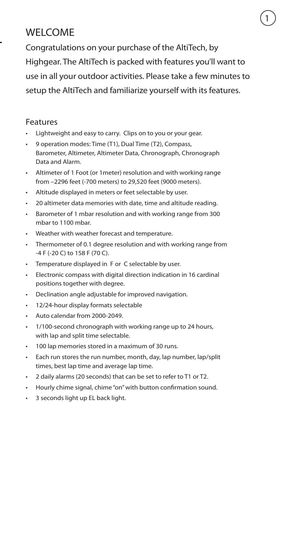 Welcome | Highgear AltiTech 1 User Manual | Page 2 / 13