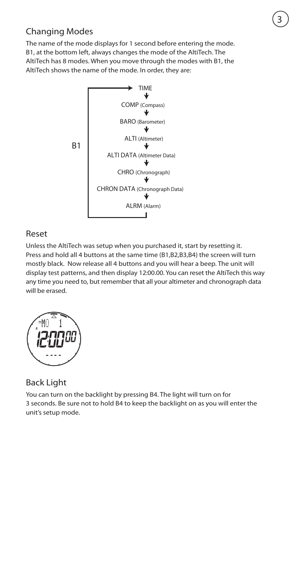 Changing modes, Reset, Back light | Highgear AltiTech 1 User Manual | Page 4 / 13