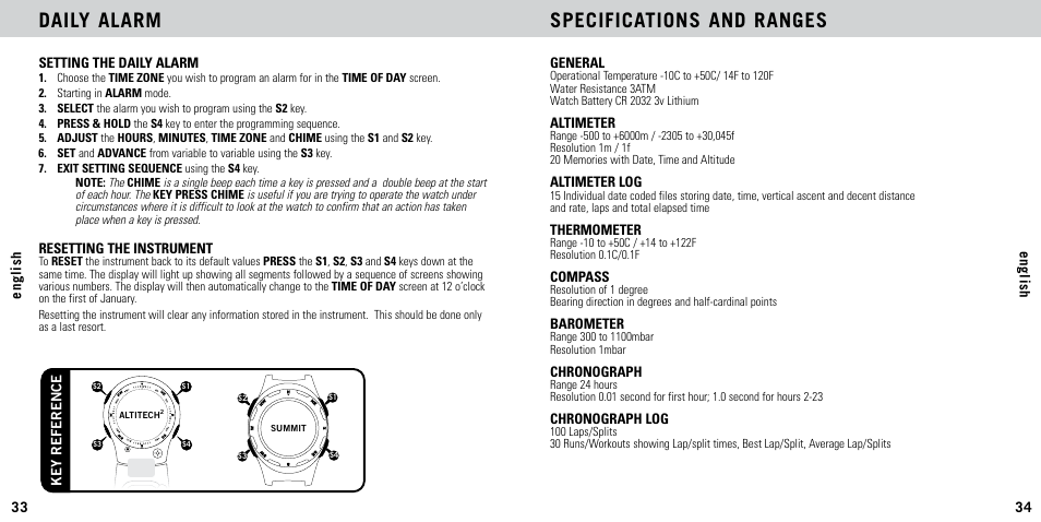 Daily alarm specifications and ranges | Highgear AltiTech 2 User Manual | Page 18 / 20