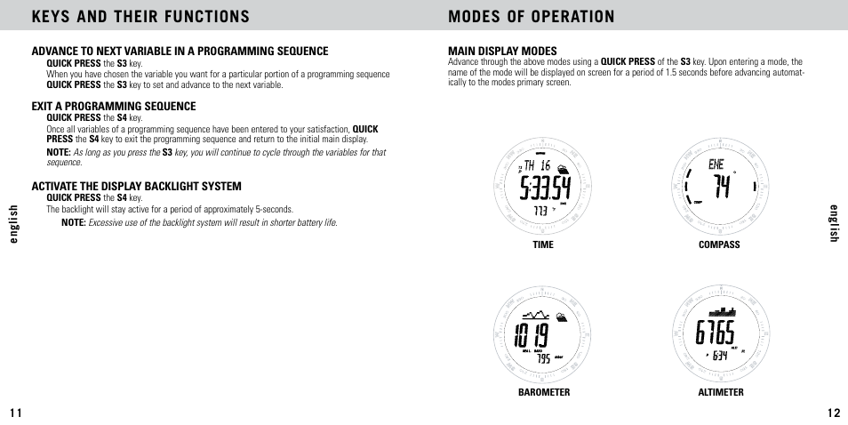 Modes of operation, Keys and their functions | Highgear AltiTech 2 User Manual | Page 7 / 20