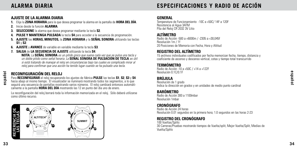 Alarma diaria especificaciones y radio de acción | Highgear AltiTech 2 User Manual | Page 18 / 20