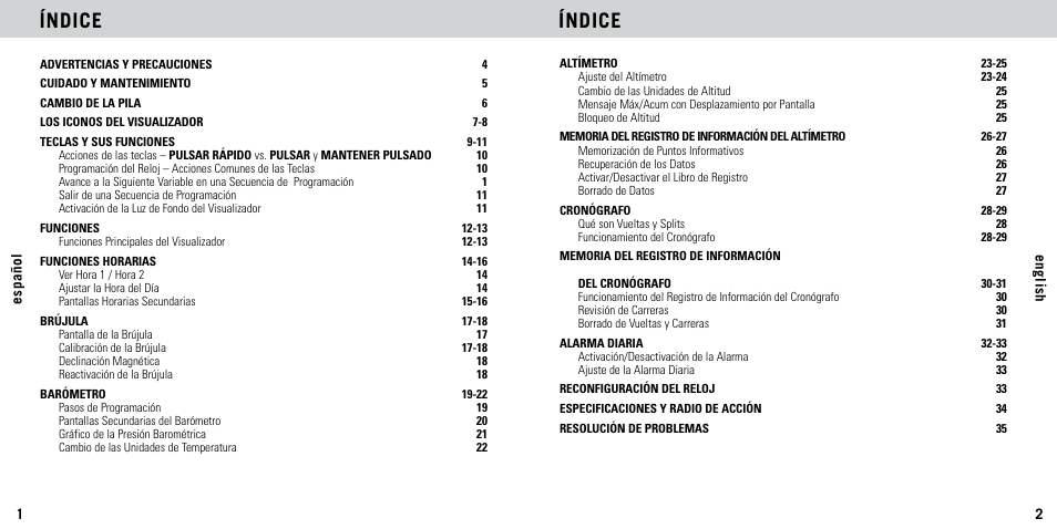 Índice | Highgear AltiTech 2 User Manual | Page 2 / 20