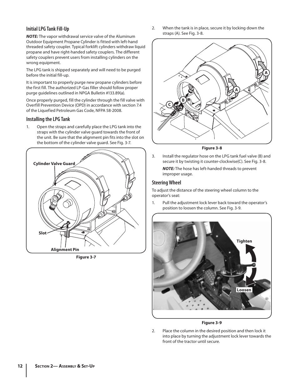Steering wheel, Initial lpg tank fill-up, Installing the lpg tank | Cub Cadet S6031 User Manual | Page 12 / 48