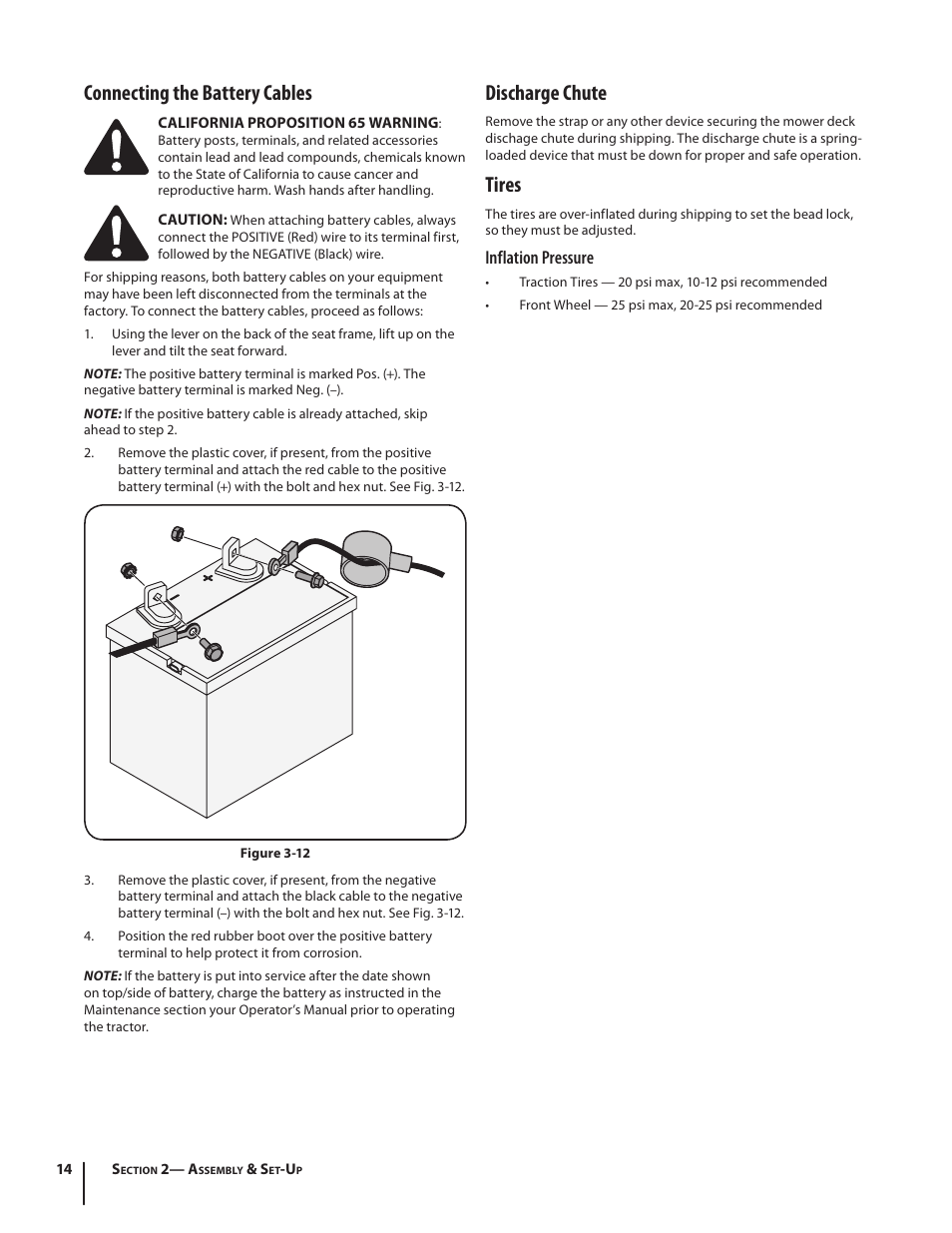 Connecting the battery cables, Discharge chute, Tires | Inflation pressure | Cub Cadet S6031 User Manual | Page 14 / 48